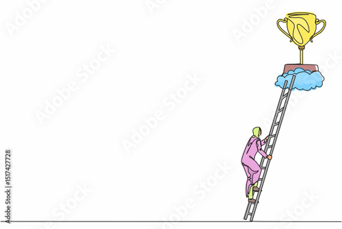 Single continuous line drawing Arab businesswoman climb to trophy over clouds. Female climbing ladder to success. Motivation concept to be successful. One line draw graphic design vector illustration