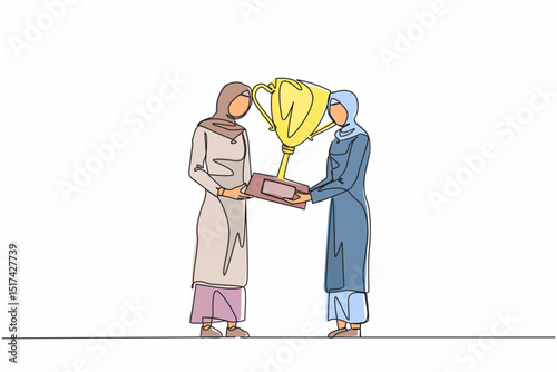 Continuous one line drawing Arabian businesswoman winner getting first prize. Girl giving golden cup to businesswoman. Winning, leadership, achievement concept. Single line draw design vector graphic