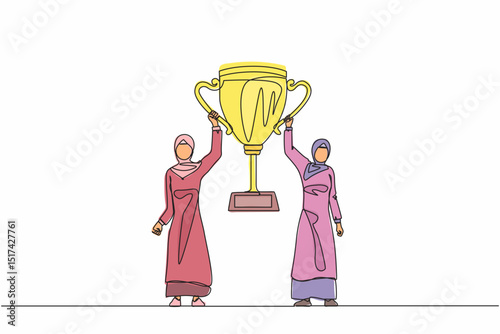 Single one line drawing two women holding golden goblet together. Winners celebrating victory. Arab businesswoman with prize, trophy cup. Celebration business team success. Continuous line draw design