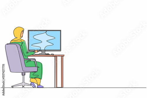 Single one line drawing back view Arab businesswoman works on computer. Woman sitting on chair behind office desk. Business person working on monitor screen. Continuous line draw design graphic vector