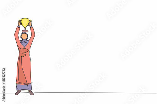 Single one line drawing happy Arabian businesswoman standing and lifting trophy. Career goal icon. Victory sign or symbol. Winner pose. Success, goal, achievement. Continuous line draw design vector