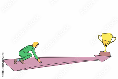 Single continuous line drawing side view Arabic businesswoman ready to run to trophy at end of route. Vision mission and goal of business. Female run to their goal. One line draw graphic design vector