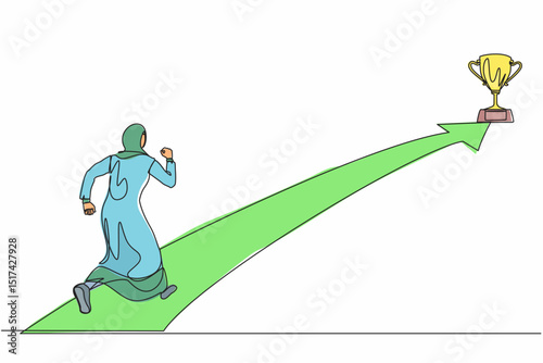 Single one line drawing Arabic businesswoman running on forward arrow to get trophy. People ready to start career and business. Manager running towards goal. Continuous line draw design vector graphic