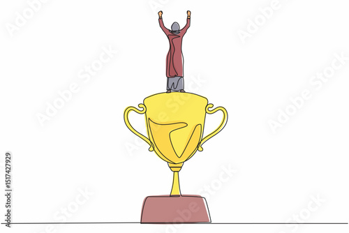 Single one line drawing back view Arabian businesswoman stand above trophy. Business metaphor of success and appreciation. Female celebrating her business award. Continuous line design graphic vector
