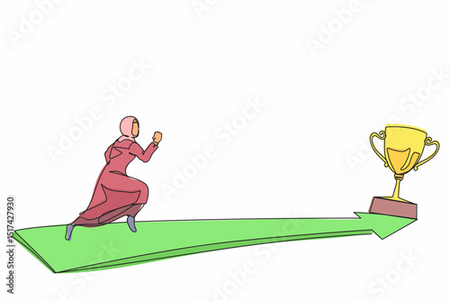 Single one line drawing side view Arabian businesswoman running to golden trophy. Business direction and mission vision. Goal, success, development, victory. Continuous line draw design graphic vector