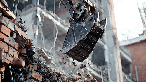 Excavator Demolishing a Brick Building with Hydraulic Shears
