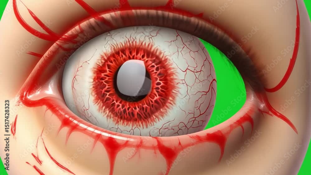 Realistic 3D Model of an Eye with Red Veins on a Bright Green Background for Creative Projects