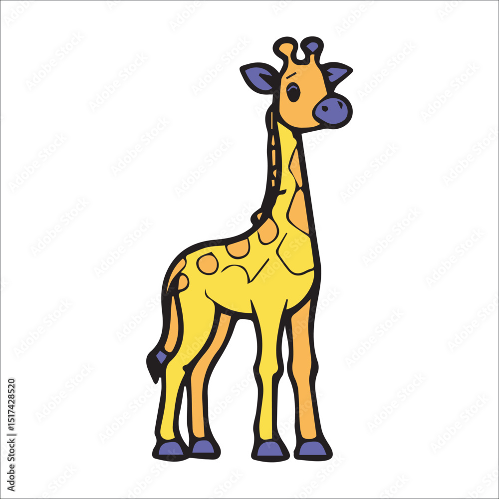 Obraz premium Cute cartoon giraffe standing in a simple, eye-catching design. Children's illustration of a giraffe in a bright yellow color scheme with purple accents.