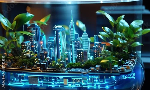 The futuristic blue miniature city rotates slowly