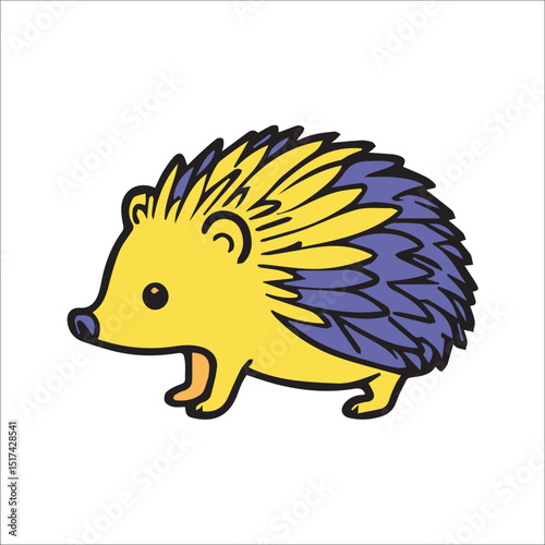 Cute hedgehog illustration in vibrant yellow and purple colors. Side profile view of the hedgehog with whimsical details.
