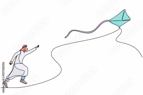 Single continuous line drawing Arabian businessman runs with a flying kite. Race for opportunities, catch a dream metaphor, run the project. Dynamic one line draw graphic design vector illustration