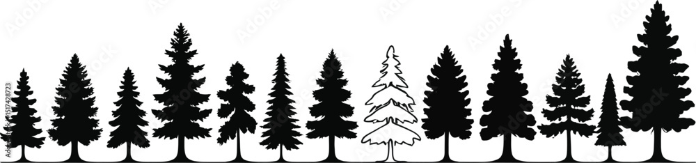 Fototapeta premium Forest Tree Silhouette Set: Evergreen Pine Trees in Various Sizes and Shapes.