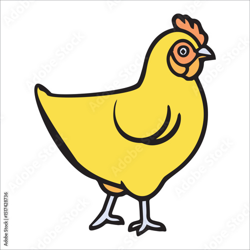 Yellow chicken illustration in profile view. Simple, stylized drawing of a chicken standing. Farm animal illustration for children's book or educational use. No specific location.