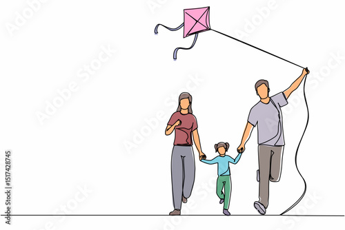 Continuous one line drawing family weekend with parents and child walking in park. Fun family running, rest at nature on vacation. Dad, mom, and daughter launches kite. Single line draw design vector