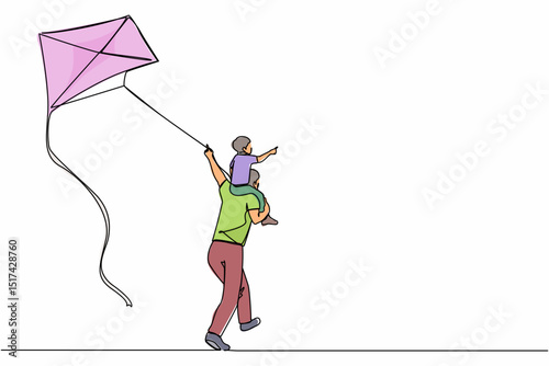 Single continuous line drawing back view daddy gives happy boy son piggyback ride flying kite outdoors. Father carry laughing son on shoulders and fly kite in countryside. One line draw design vector