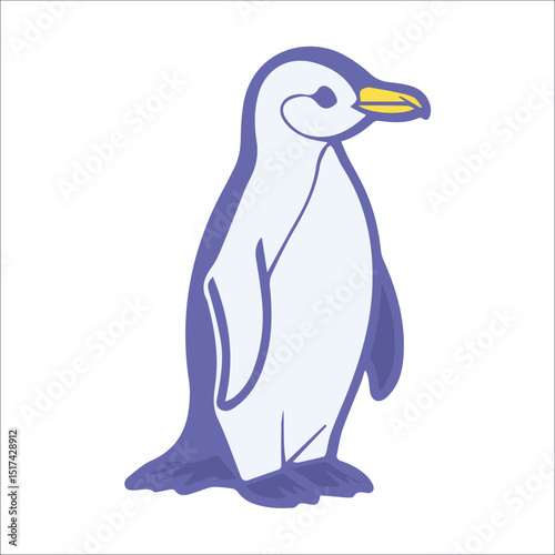 Penguin illustration standing in profile view on a plain background. Cute cartoon penguin in a simple, stylized pose. Educational image. animal representation -