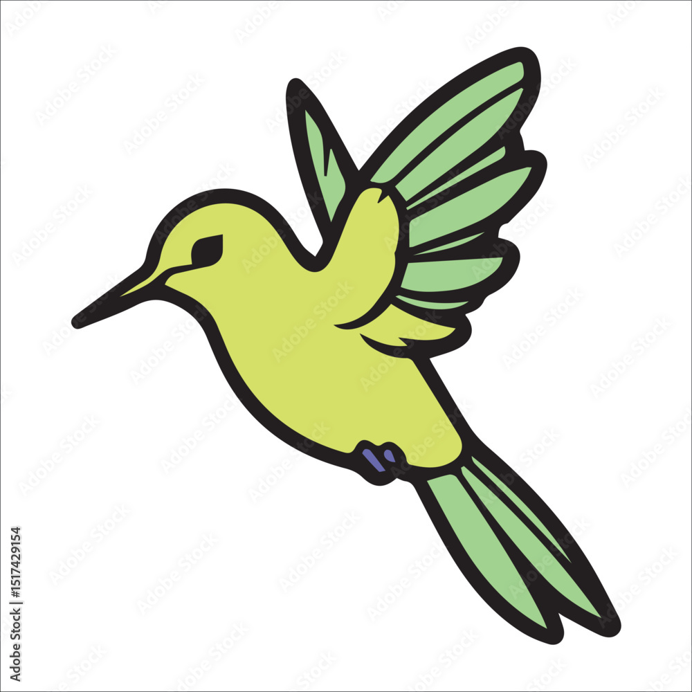 Obraz premium Lime green hummingbird in flight against a plain white background. Cute cartoon hummingbird in flight, suitable for children's illustration or a nature-themed project.