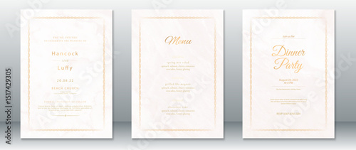 Minimalist wedding invitation set featuring a marble texture background and elegant gold wave border. Includes wedding card, menu, and dinner party design. Perfect for classy and romantic events.