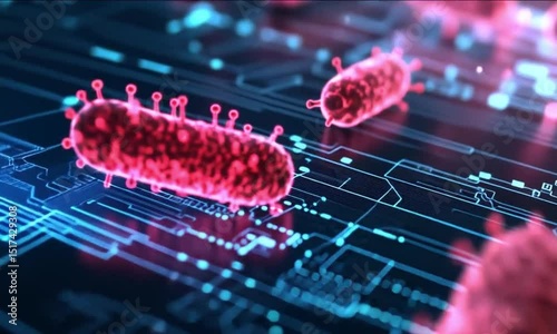 Glowing red virus in dynamic digital technology