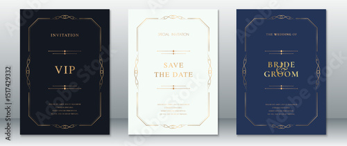 Minimalist wedding invitation set with elegant golden frames. Features VIP, Save the Date, and Bride & Groom cards in navy, ivory, and dark blue colors. Ideal for luxury weddings and formal events.
