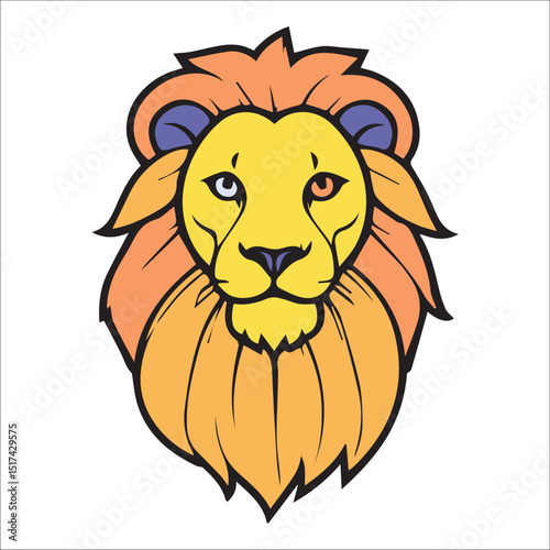 Colorful lion head graphic in a vibrant style. Friendly cartoon lion head front view against a plain white background. Animal illustration with no specific location or profession.