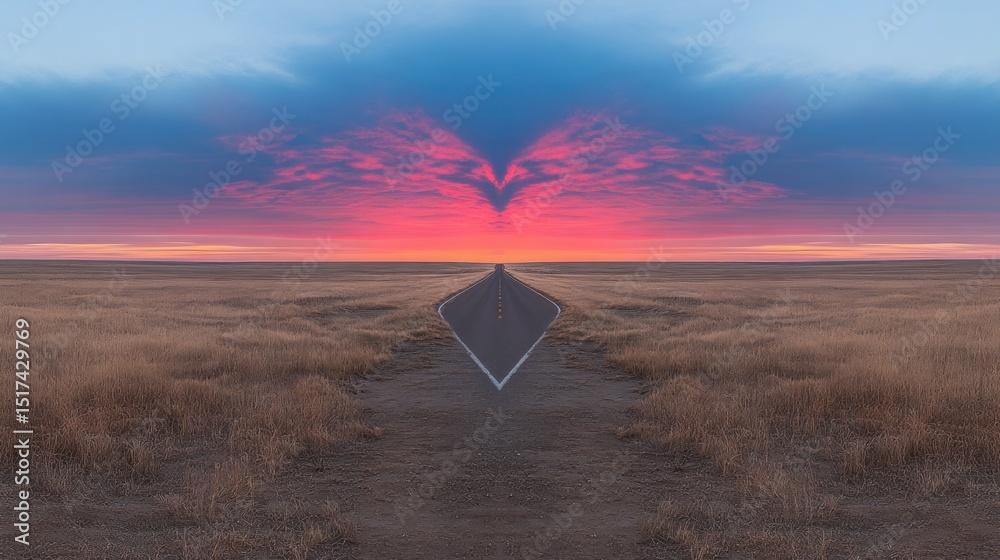 Obraz premium A symmetrical landscape road at a breathtaking sunrise.