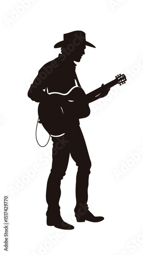 Silhouette of male country musician wearing cowboy hat playing acoustic guitar standing isolated on white background vector illustration