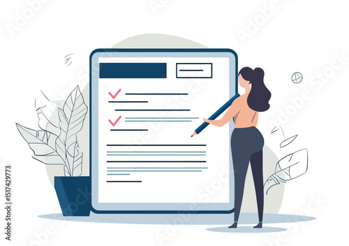 Businesswoman completing online registration form with check marks on large digital screen in modern flat style vector illustration