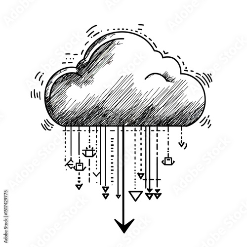 Hand drawn sketch style cloud with arrows representing data download digital network security storage information flow vector illustration