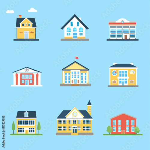 Set of nine colorful flat vector school building icons including traditional, modern, historic, and minimalist educational institutions with various architectural styles on blue background