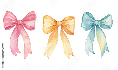 Hand-drawn watercolor pink orange and teal decorative bows with long tails isolated on white background, minimalist elegant gift ribbons design elements