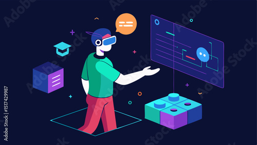 Interactive Analytics A player interacting with an augmented reality interface that visualizes gameplay analytics in 3D with the AI presenting tips and visual cues on how to