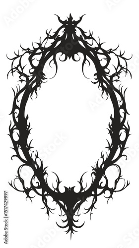 Intricate black gothic ornamental frame with twisted branches and sharp thorns in flat minimalist vector style decorative border design element