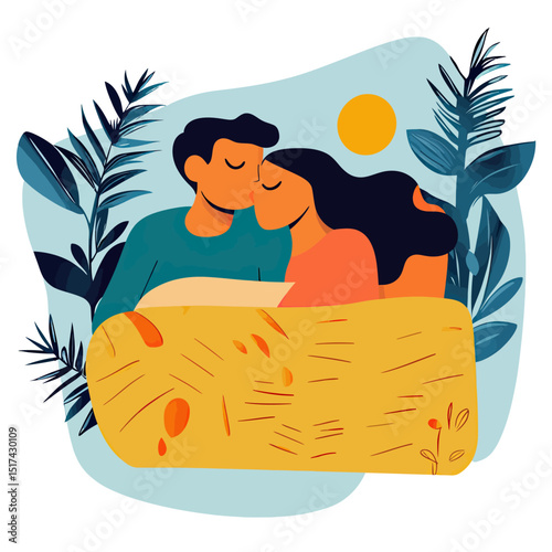 Loving couple cuddling and sleeping together wrapped in warm yellow blanket surrounded by tropical leaves with sun in background minimalist flat vector illustration