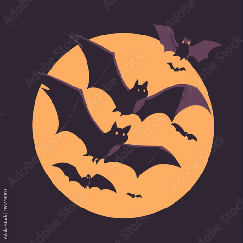 Flying bat silhouettes with glowing eyes against a large orange full moon dark night sky minimalist vector design