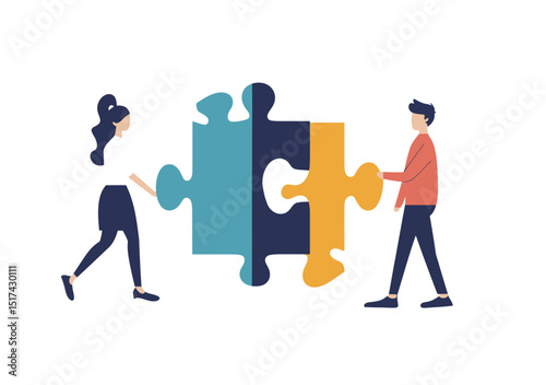 Business people connecting colorful jigsaw puzzle pieces teamwork collaboration concept flat vector illustration showing man and woman cooperating to solve problem together