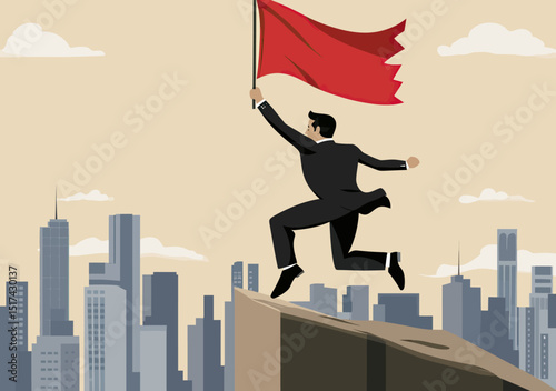 Businessman in suit jumping between cliffs holding red flag symbolizing achievement success and goal reaching in cityscape background vector illustration