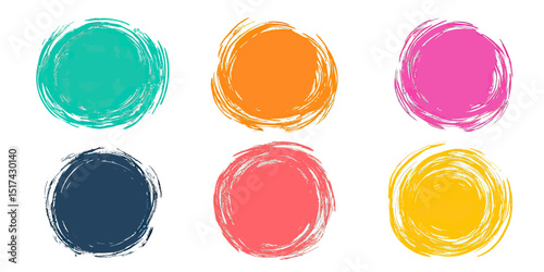 Set of six colorful hand drawn rough scribble circle frames with crayon texture in turquoise orange pink navy blue coral and yellow vector illustration