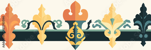 Flat minimalist vector medieval style ornamental border with fleur de lis pattern in warm yellow orange and dark teal tones for decorative design elements