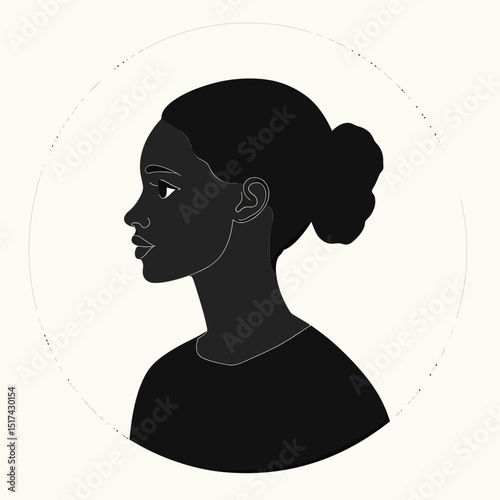 Minimalist black silhouette profile of young woman with bun hairstyle, simple flat vector avatar of female face looking left in monochrome style