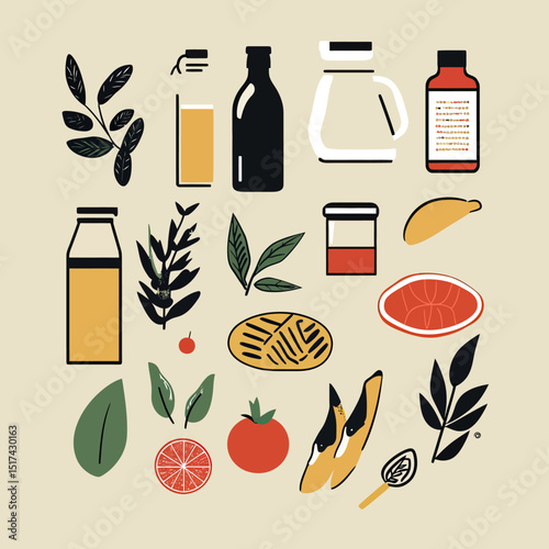 Flat minimalist vector illustration of organic food and beverage items with leaves, juice bottles, herbs, fruits, and natural ingredients collection on beige background