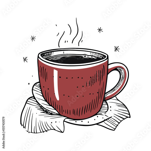 Hand drawn steaming hot coffee cup with red ceramic mug on cloth napkin winter cozy beverage sketch illustration in flat minimalist style vector