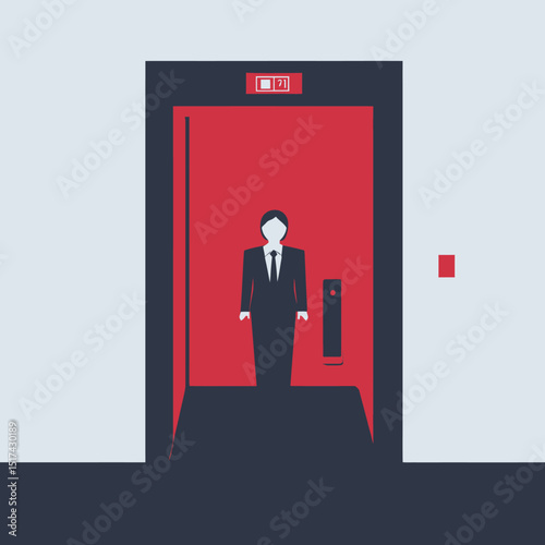 Minimalist businesswoman standing inside modern red elevator with control panel and floor indicator in corporate building interior vector illustration