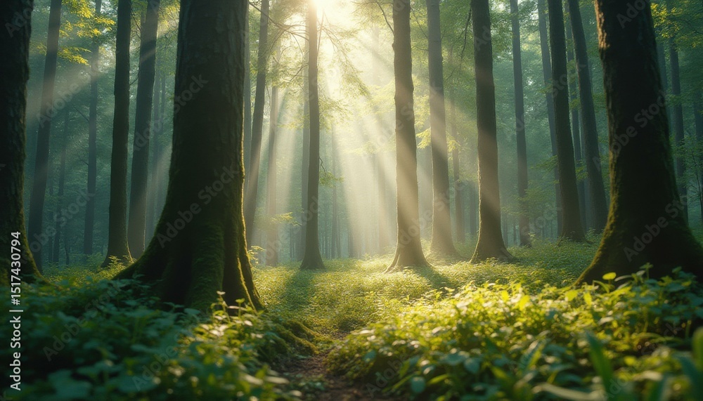 Obraz premium Sunbeams filtering through trees in serene forest setting