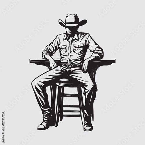 Cowboy Sitting Thoughtfully Resting on bar Image Vector isolated on white background.