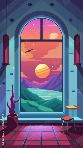Sunset Mountain Lake View from Cozy Room Window
