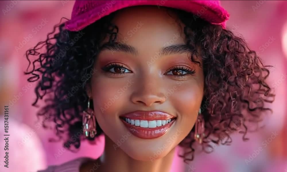 A woman with curly hair and a vibrant pink hat smilling