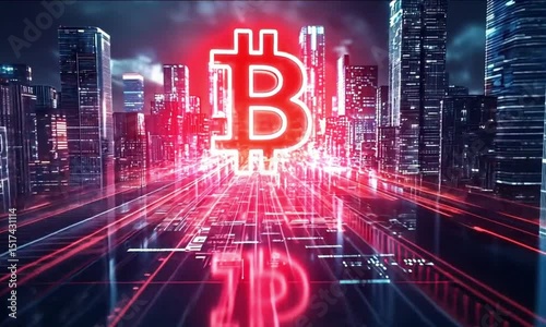 The glowing bitcoin symbol network technology