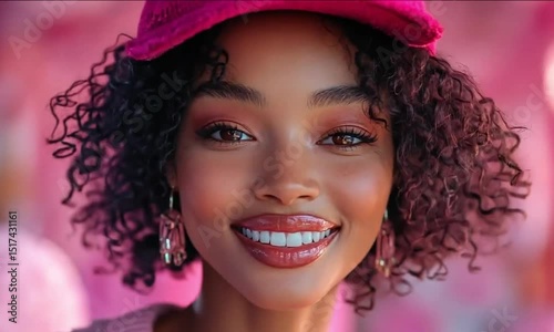 A woman with curly hair and a vibrant pink hat smilling