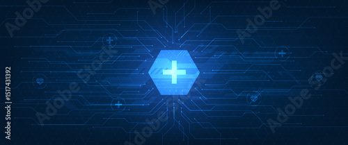 Futuristic Medical Technology Interface with Blue Circuit and Cross Symbol